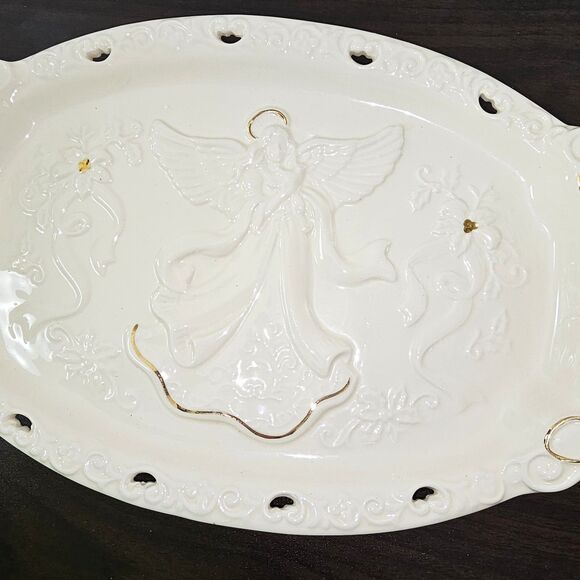 Home Accents Wishes & Wonder Glazed Oval Angel Tray Gold Accents 13"x8.5" - Picture 5 of 7